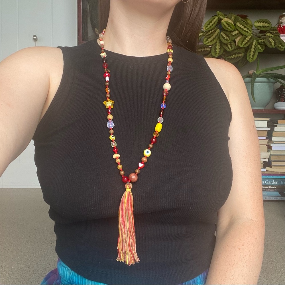 Colorful Beaded Necklace with Heart Clasp & Tassel Warm Tone Mala Spiritual